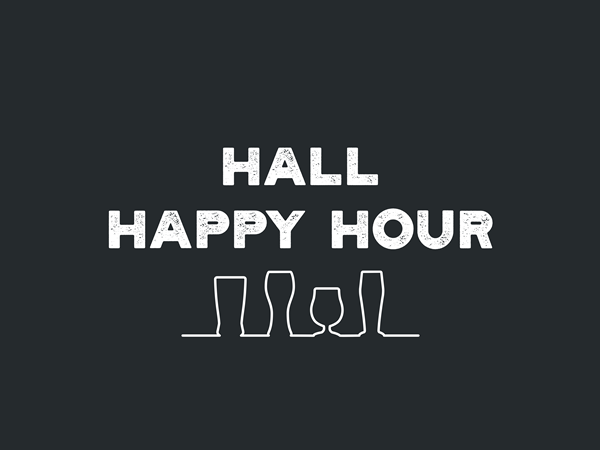Hall Happy Hour with beer glass outlines.